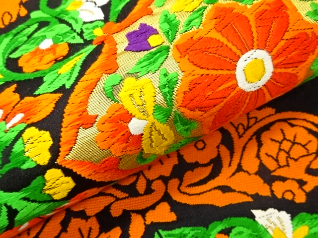 6845221: JAPANESE KIMONO / VINTAGE FUKURO OBI / WOVEN FLOWER CREST